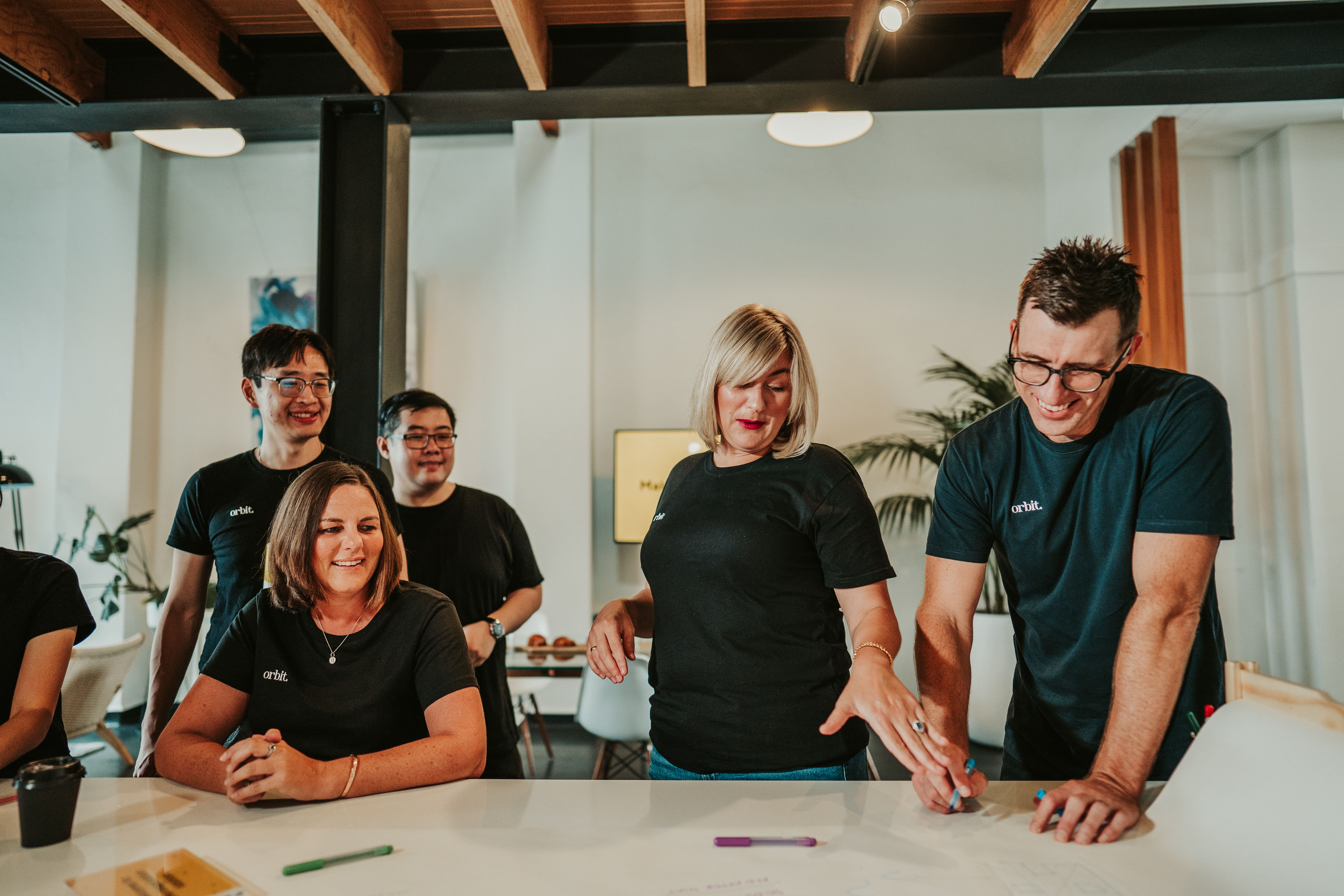 Orbit’s Co Founder, Greg Dennis, With Team Members In A Workshop At Sydney Office Min